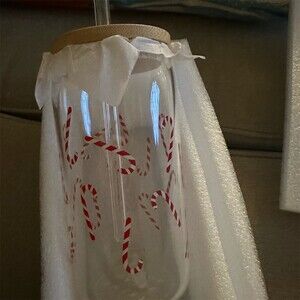 Sweet Water Decor Candy Cane Can Glass Cup w/ Bamboo Lid & Glass Straw